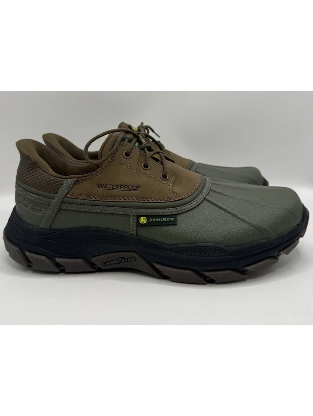 Skechers John Deere Waterproof Duck Shoes Men Sz 9.5 Olive Brown Slip Ins